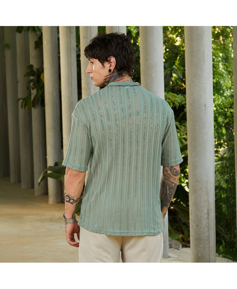 Men's Sage Green Duo-Striped Relaxed Polo T-Shirt