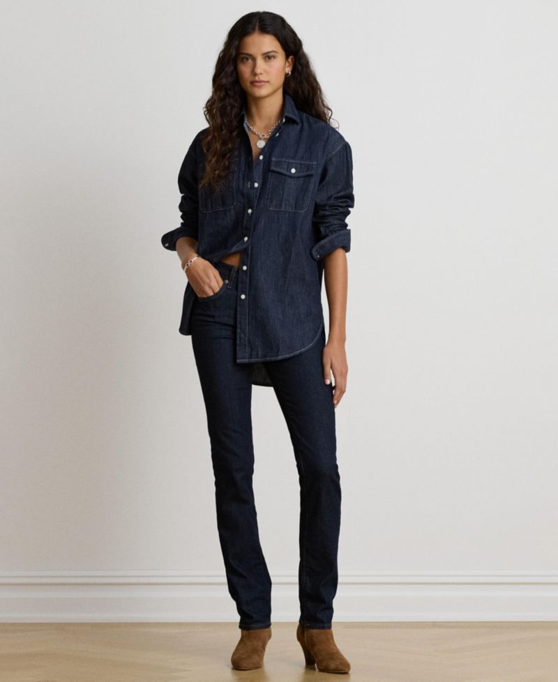 Women's Long-Sleeve Point Collar Relaxed-Fit Denim Shirt