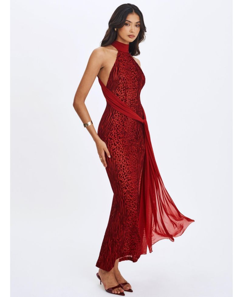Women's Cerise Scarlet Burnout Velvet Multiwear Mesh Ribbon Maxi Dress