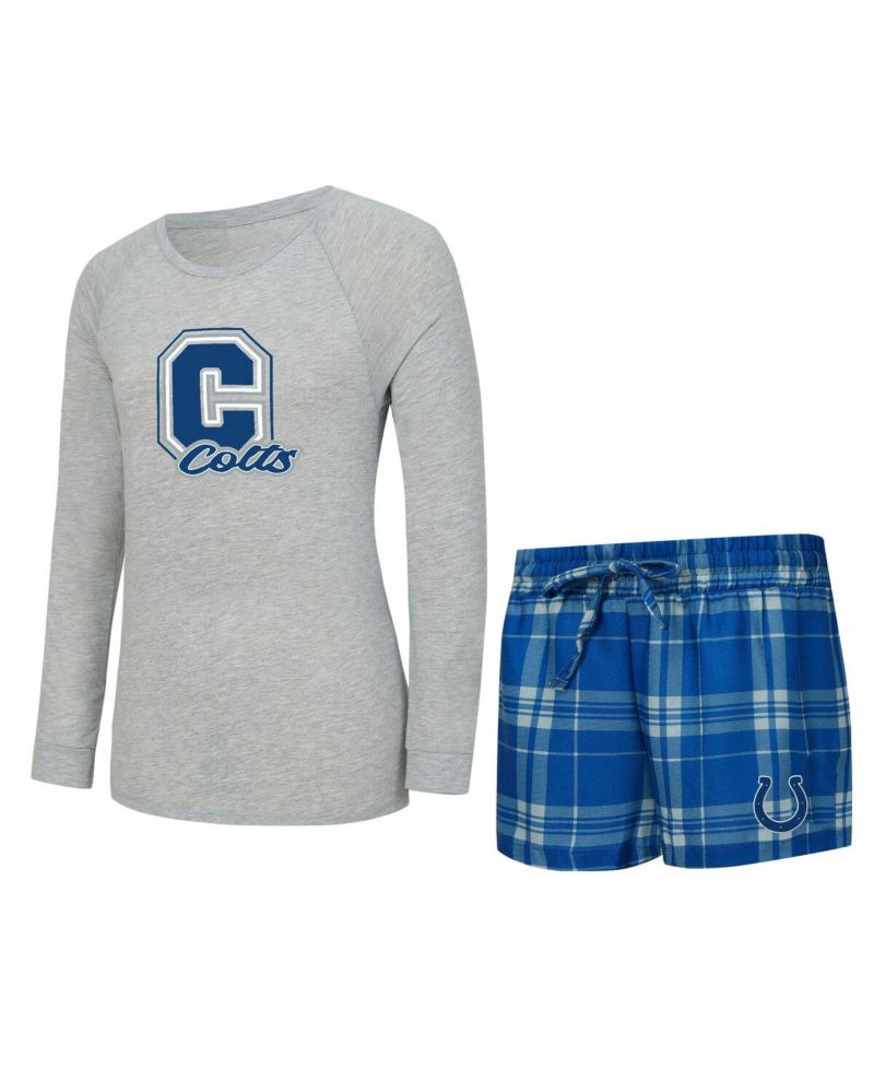 Women's 2-Piece Heather Gray/Royal Indianapolis Colts Regulate Plaid Long-Sleeve T-Shirt Shorts Sleep Set
