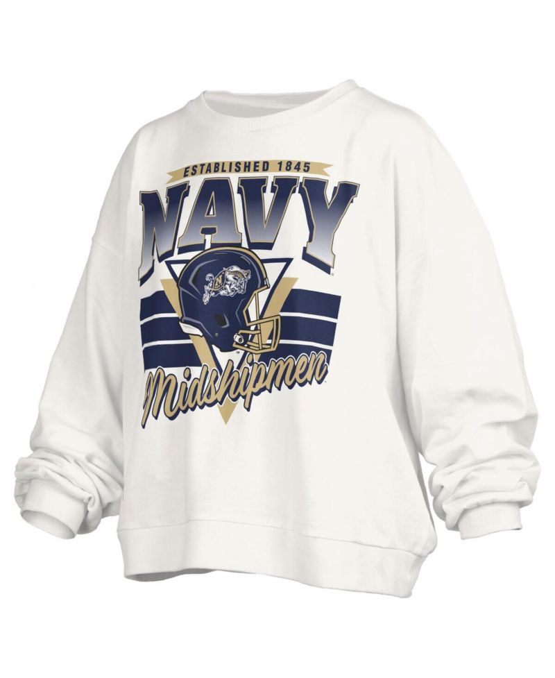 Women's White Navy Midshipmen Oversized Janice Retro Waist-Length Pullover Sweatshirt