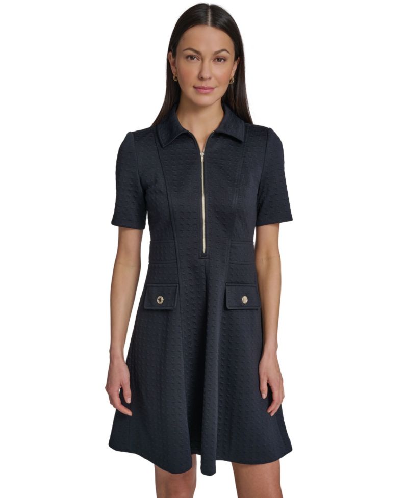 Women's Short-Sleeve Textured Knit Front Zipper Shift Dress
