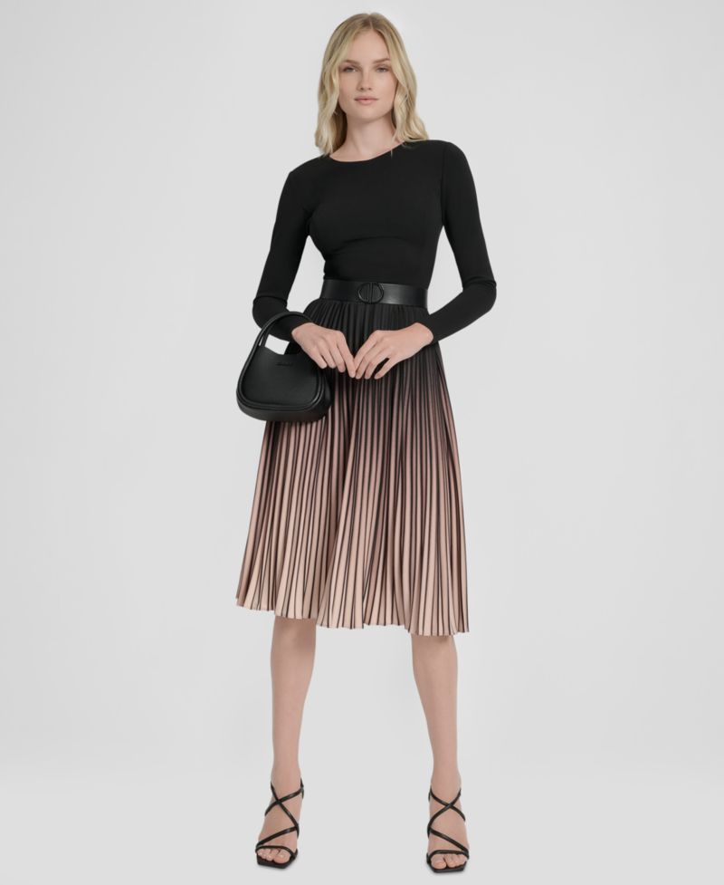 Women's Pleated Jewel Neck Belted Midi Dress