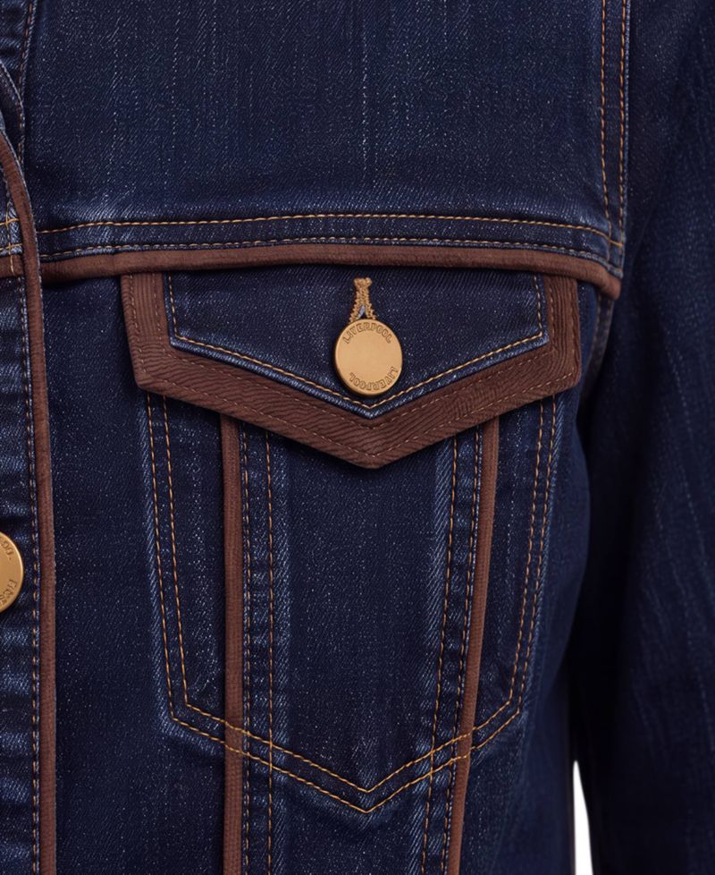 Women's Crosshatch Stretch Denim Velvet-Trim Dark-Wash Jacket