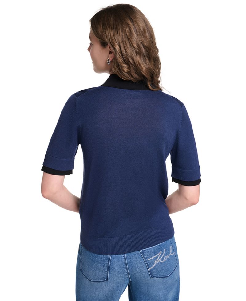 Petite Short-Sleeve Contrast Collar Sweater