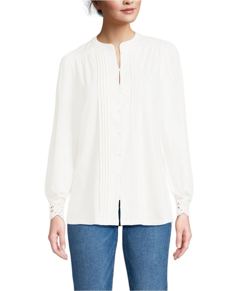 Women's Lightweight Jersey Long Sleeve Button Front Pintuck Top