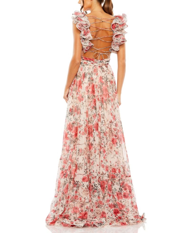 Women's Ruffle Tiered Floral Cut-Out Chiffon Gown