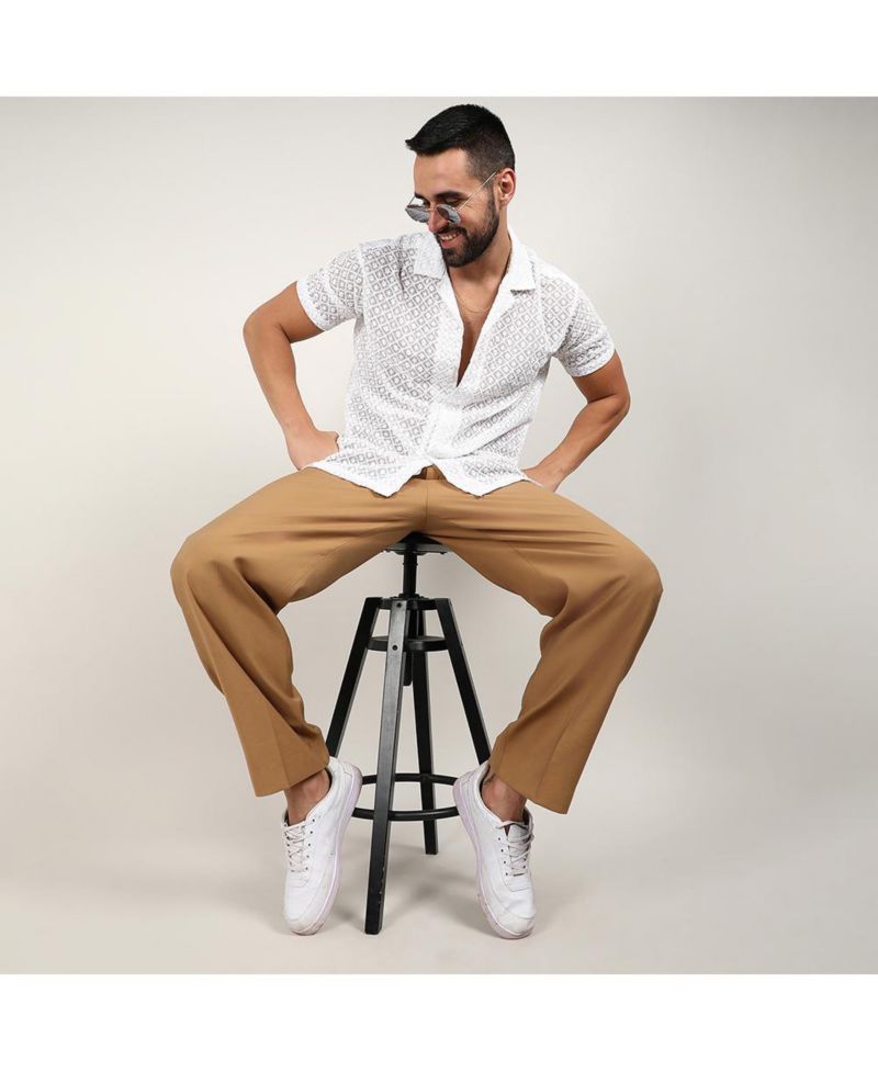 Men's Chalk White Floral Embroidered Shirt