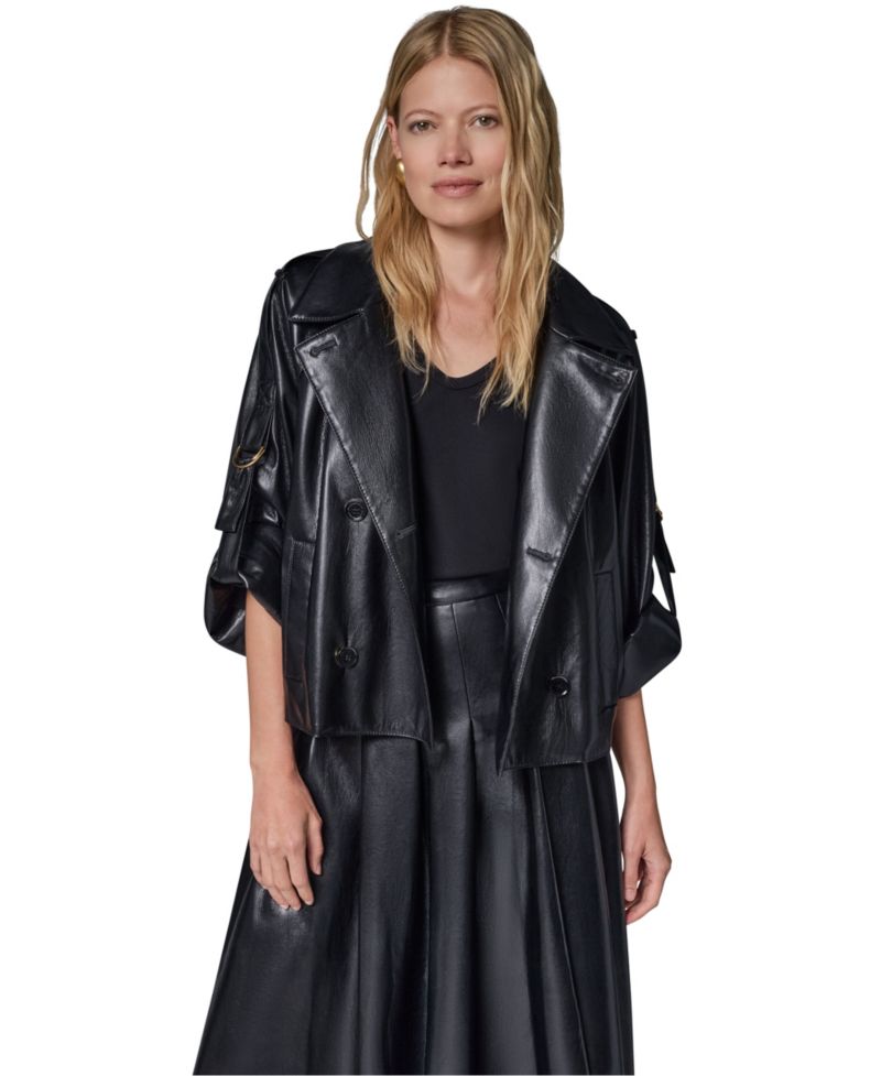 Petite Faux Leather Roll-Sleeve Collared Short Jacket