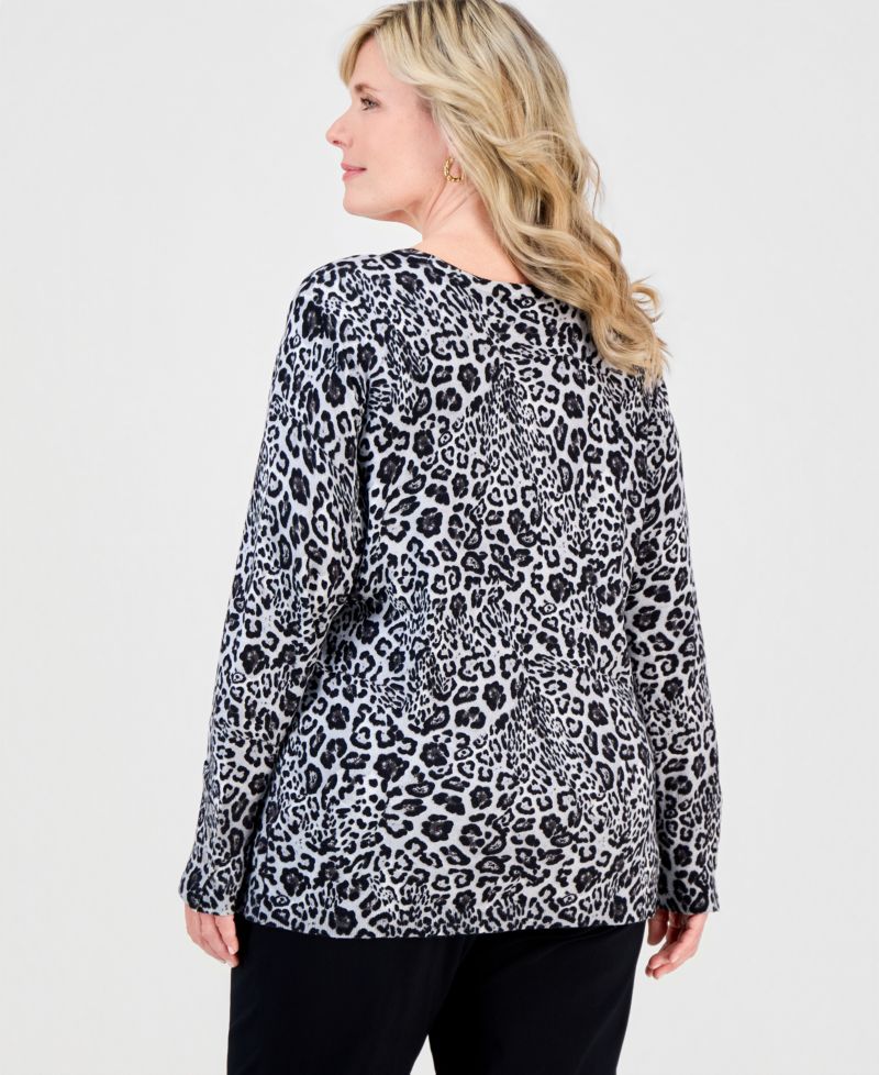 Petite Bold Leopard Long-Sleeve Crewneck Sweater