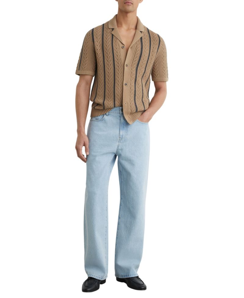 Men's Ellingham Cuban Button Through Stitch Interest Stripe Shirt