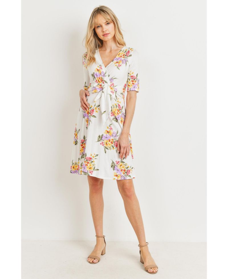 Women's Floral Short Sleeve Wrap Nursing Dress with Tie Waist