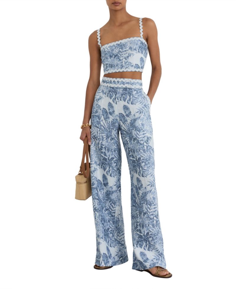 Women's Mila High-Waisted Wide-Leg Tropical-Print Linen Pants