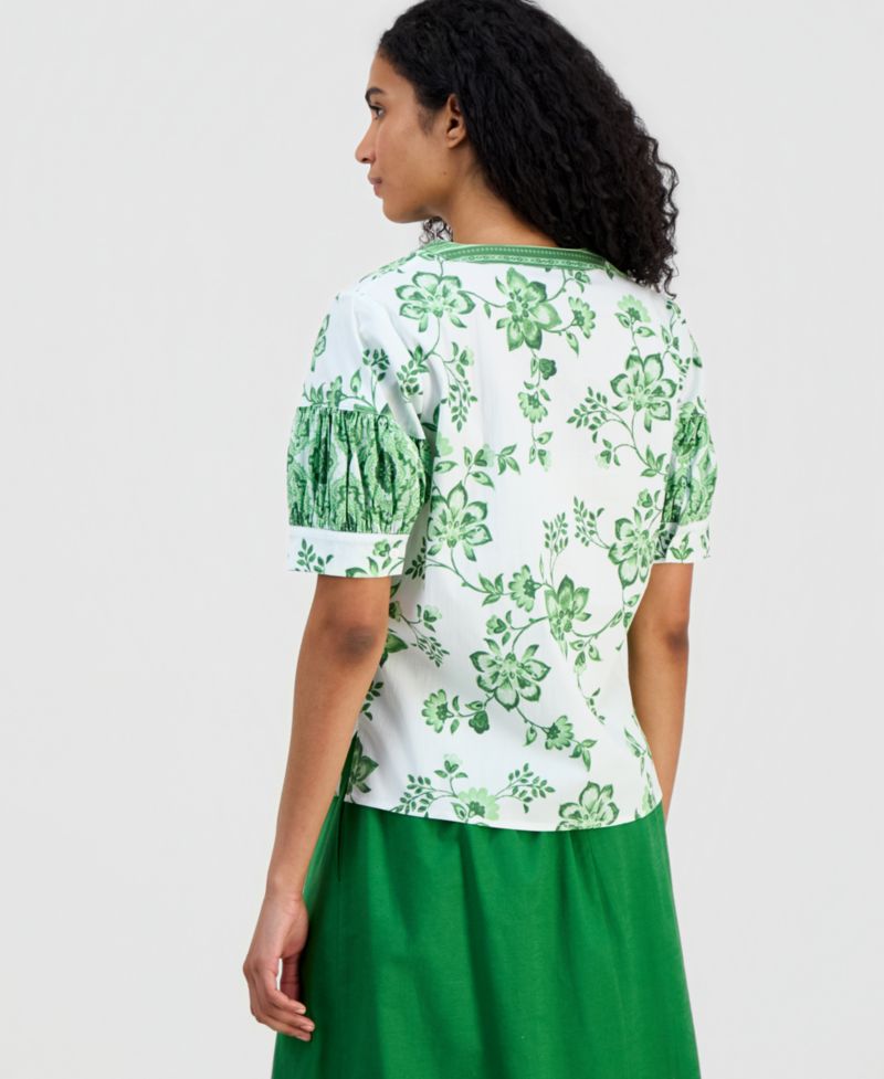 Women's Split-Neck Puffed-Sleeve Top