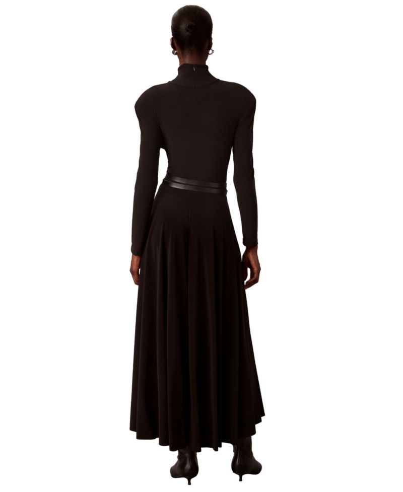 Petite Belted Long-Sleeve Turtleneck A-Line Dress