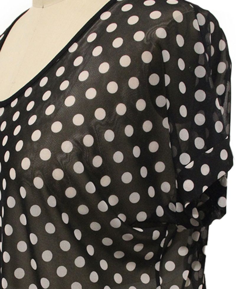 Plus Size Polka Dot Mesh Rolled-Sleeve Top