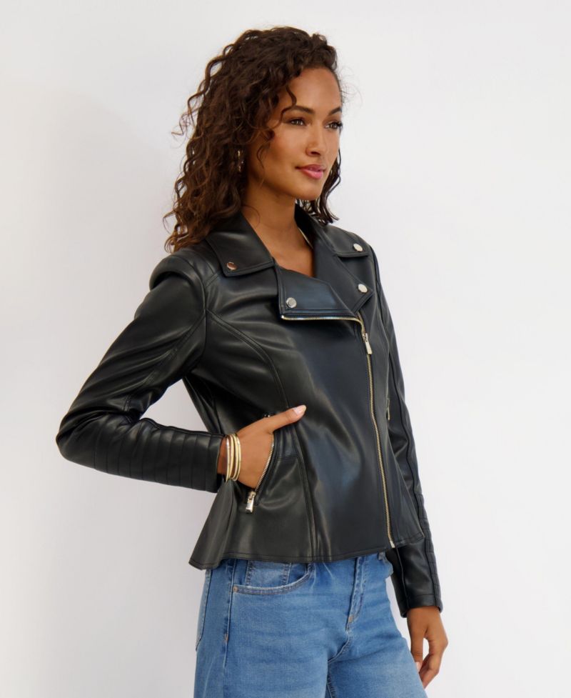 Women's Faux Leather Moto Jacket With Peplum and Quilted Details