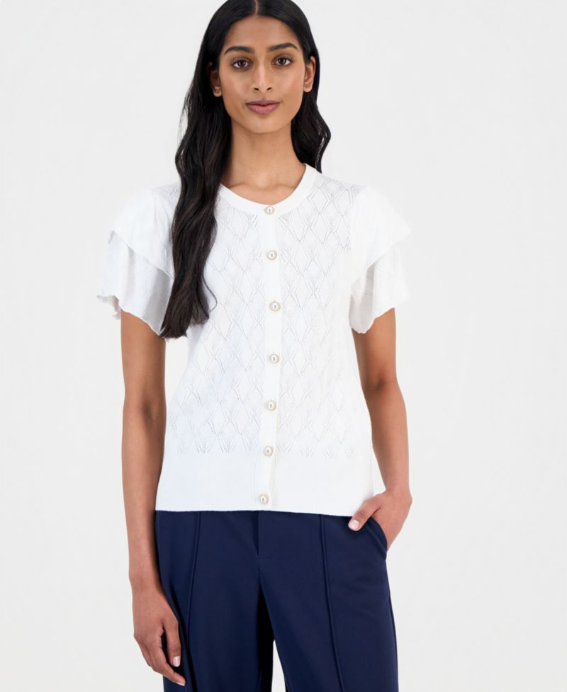 Women's Pointelle Flutter-Sleeve Cardigan Sweater