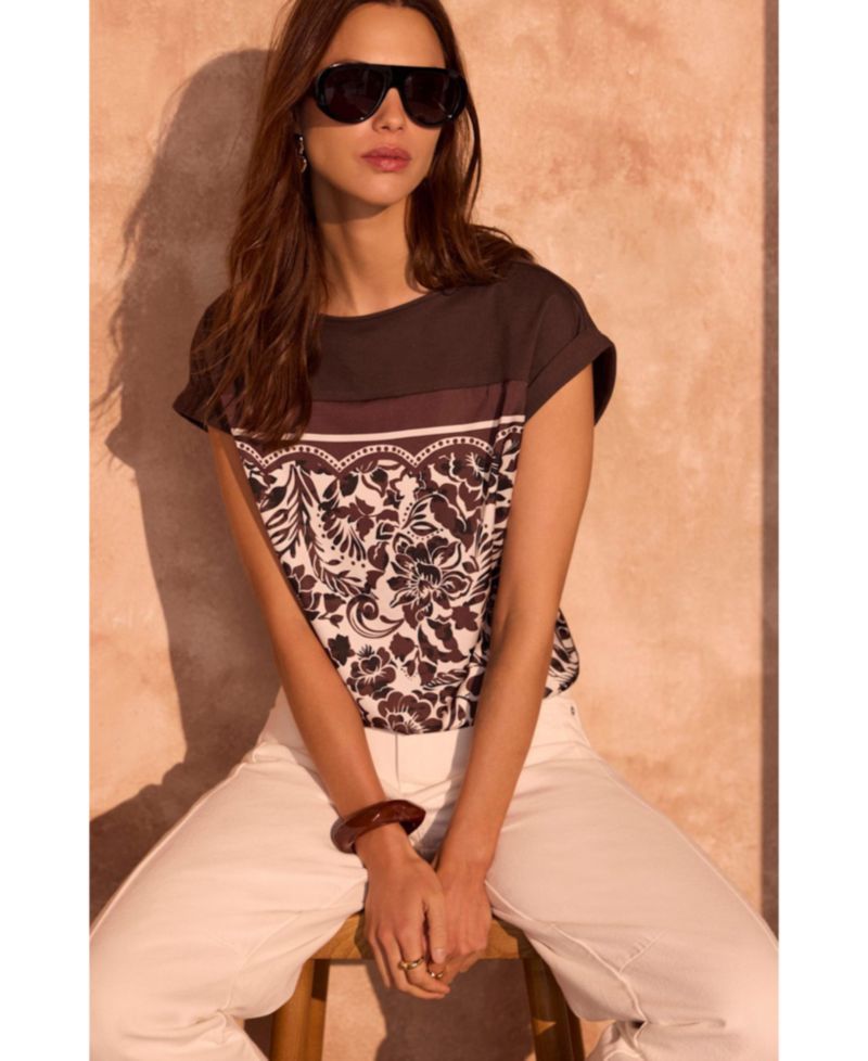 Women's Floral-Print Cap-Sleeve Crewneck Top