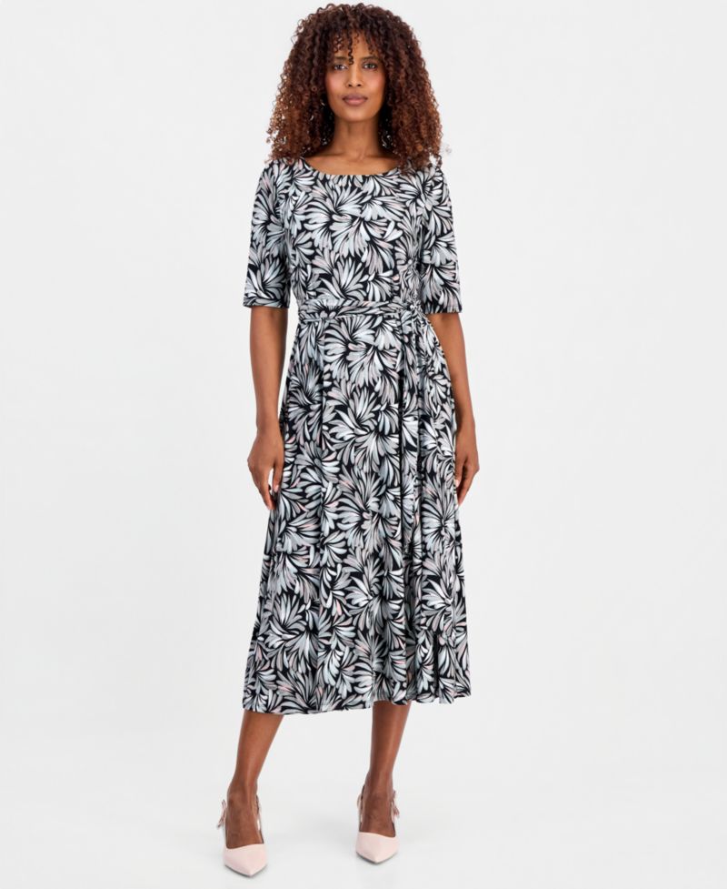 Women's Printed Elbow-Sleeve Fit & Flare Dress