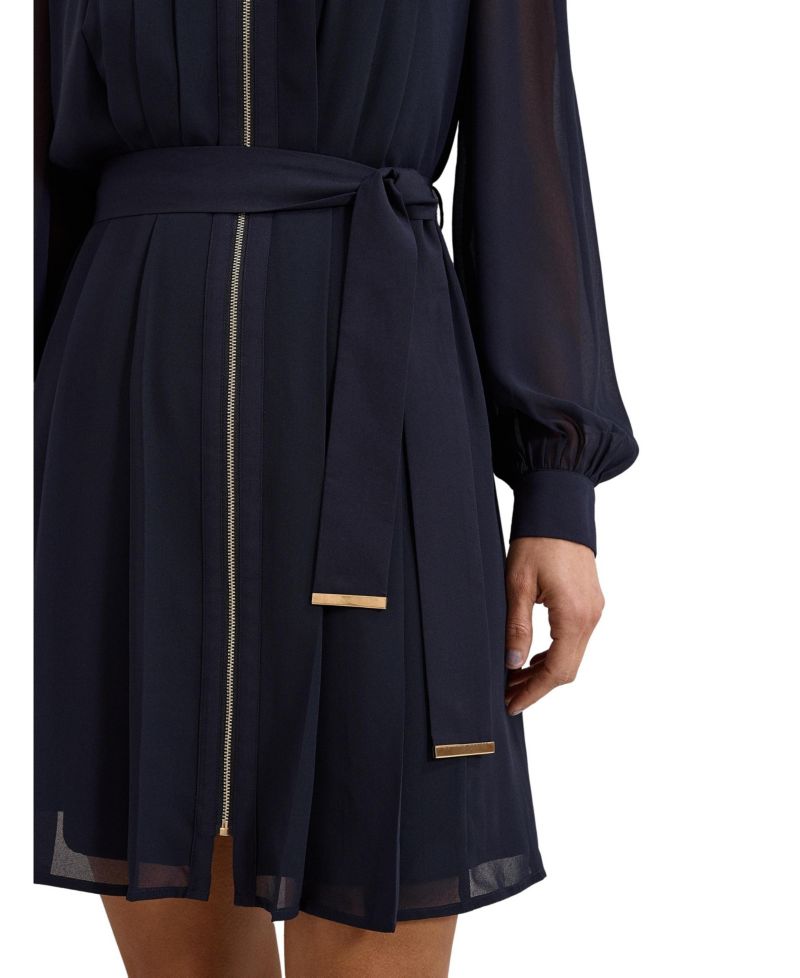 Women's Pleated Zip Long-Sleeve Mini Dress