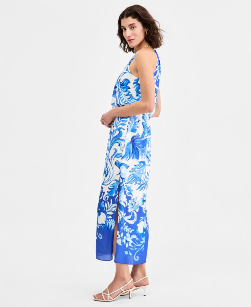 Women's Printed Halter Blouson Midi Dress