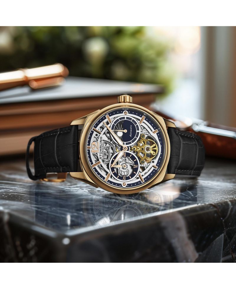 Vanguard 1019.04 Legacy Collection Dual Time Automatic Skeleton Watch 42mm Rose Gold Tone Black Dial Leather Strap