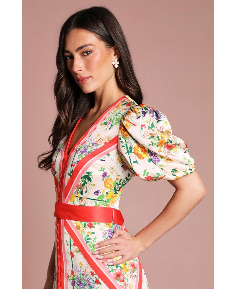 Women's Satin Scarf Print V-Neck Midi Dress
