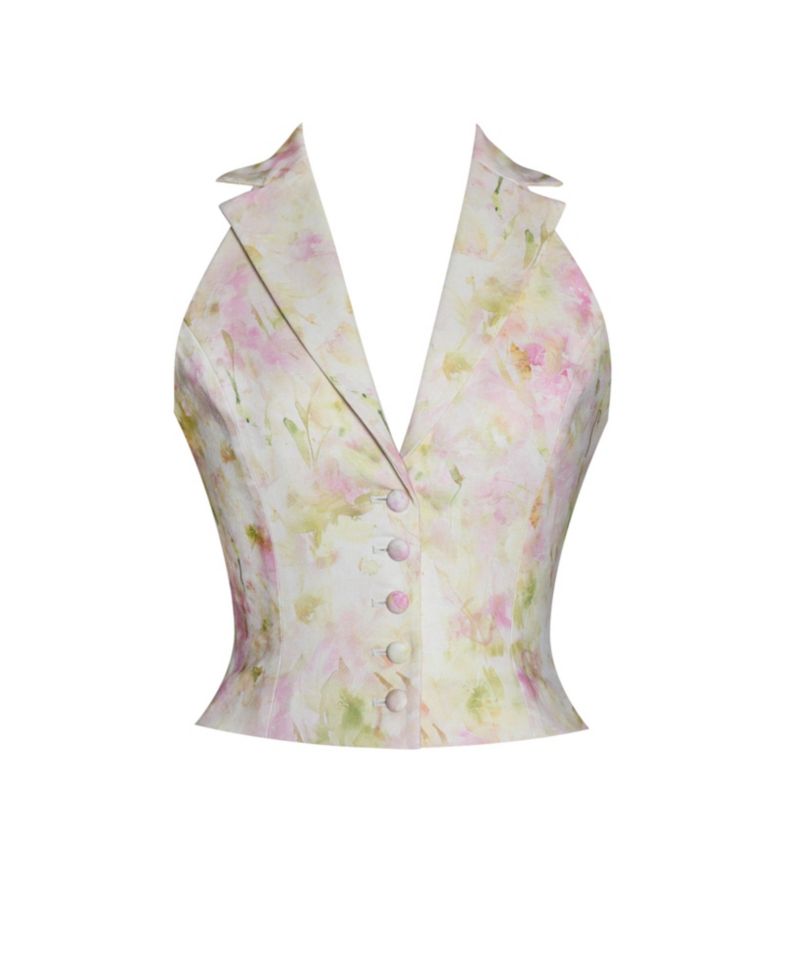 Women Lauren Pink Floral Print Ruched Back Linen Suit Vest
