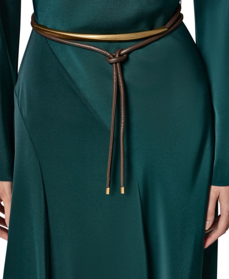 Satin Long-Sleeve Cowl Neck Belted A-Line Dress