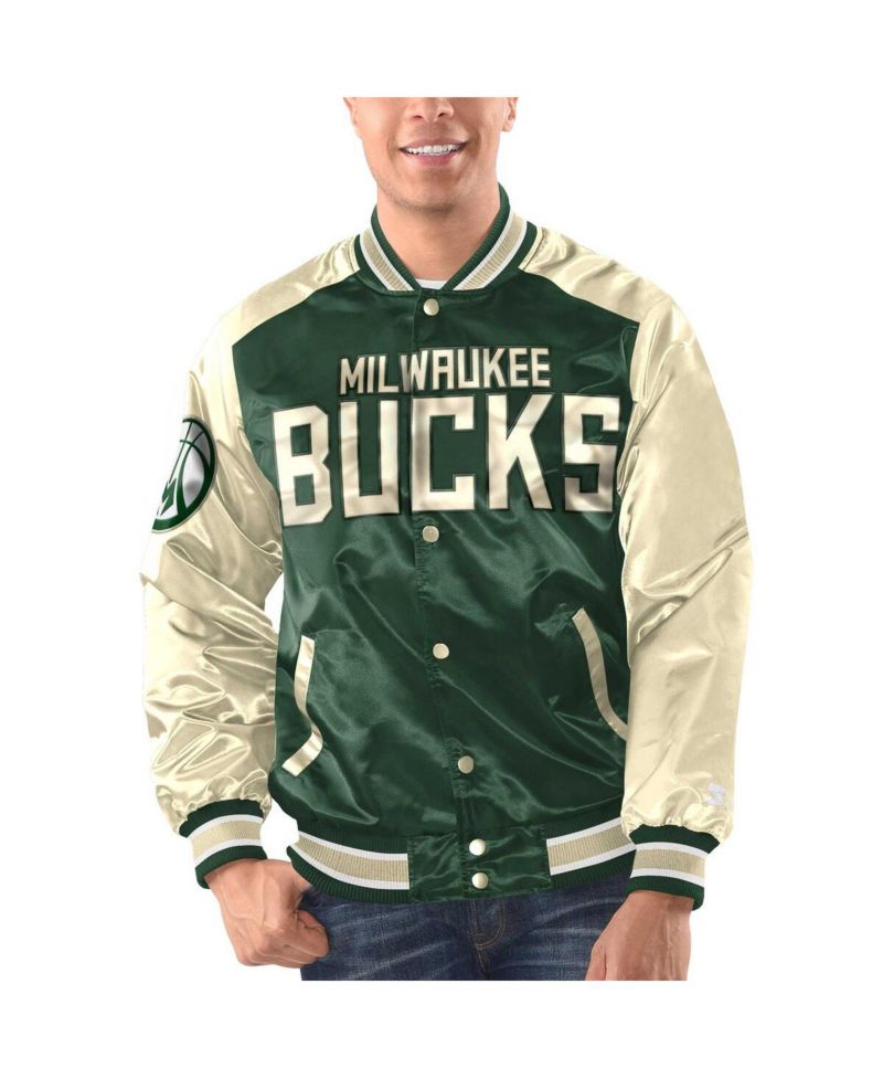 Men's Hunter Green, Cream Milwaukee Bucks Renegade Satin Full-Snap Varsity Jacket