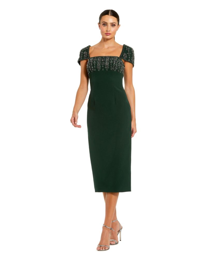 Women's Crepe Embellished Cap Sleeve Fitted Midi Dress