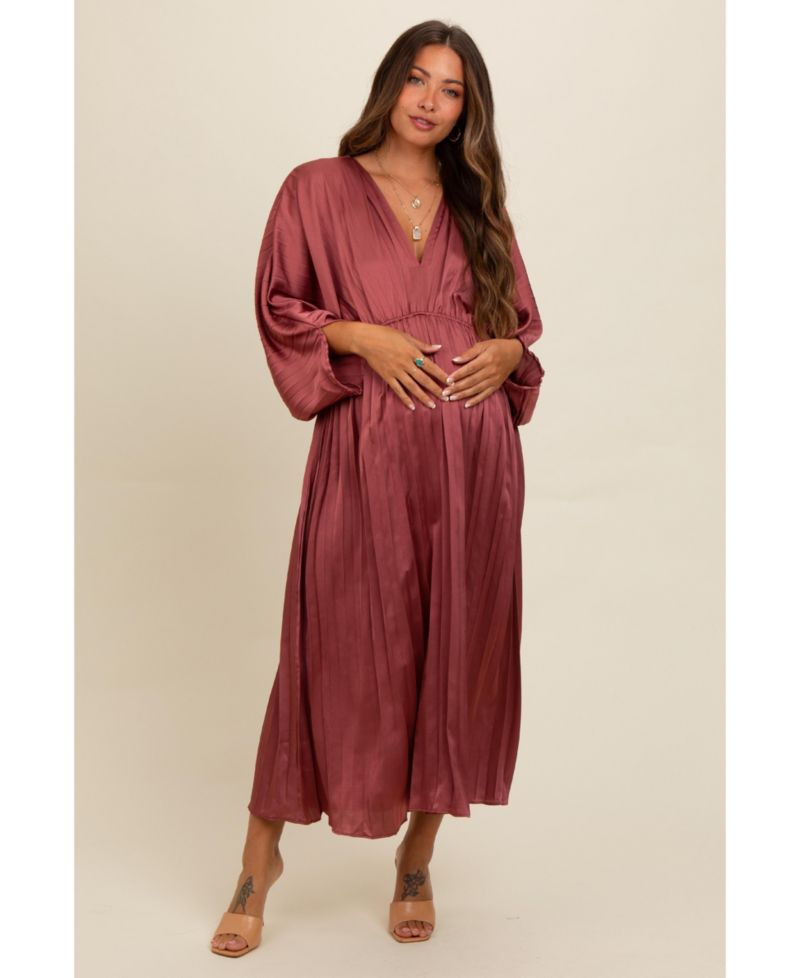 Women's Satin Pleated V-Neck Maxi Dress