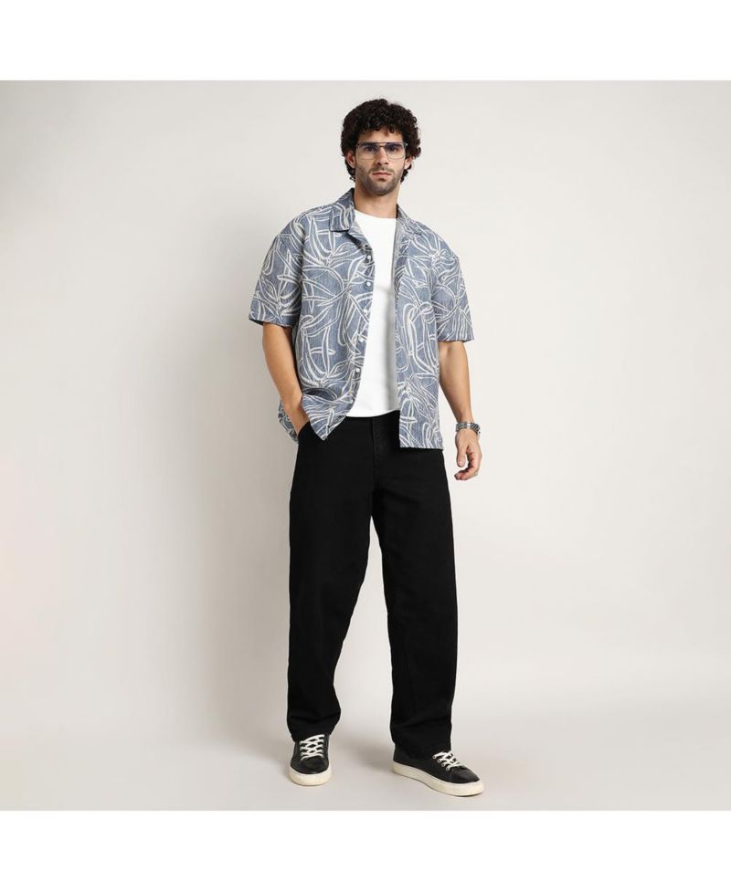 Men's Steel Blue Vine-Lines Resort Oversized Shirt