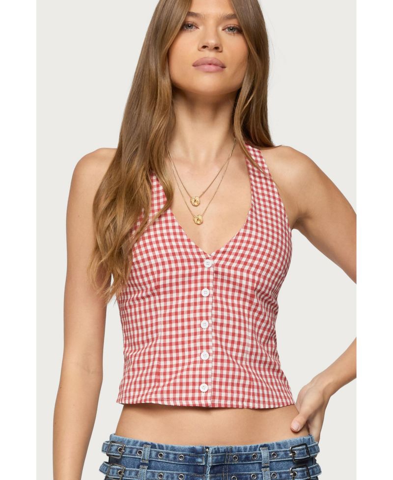 Womens Evan Gingham Button Up Halter Top