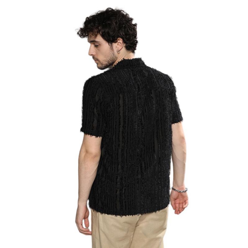 Men's Jet Black Fleece Striped Shirt