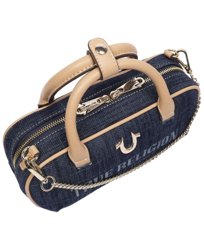 Bentley Denim and PU Mini Satchel - Women s Top Handle Crossbody Handbag with Chain Detail
