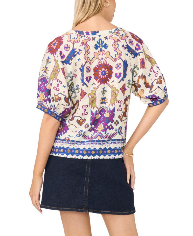 Women's Split Neck Puff-Sleeve Printed Blouse