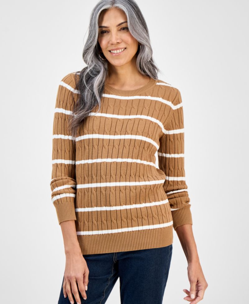 Petite Cotton Cable-Knit Crewneck Sweater