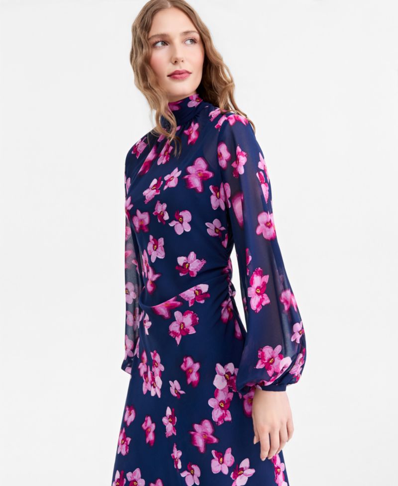 Women's Floral-Print A-Line Mock-Neck Midi Dress
