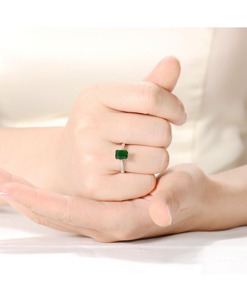Sterling Silver White Gold Plated Green Cubic Zirconia Eternity Rectangle Band Ring
