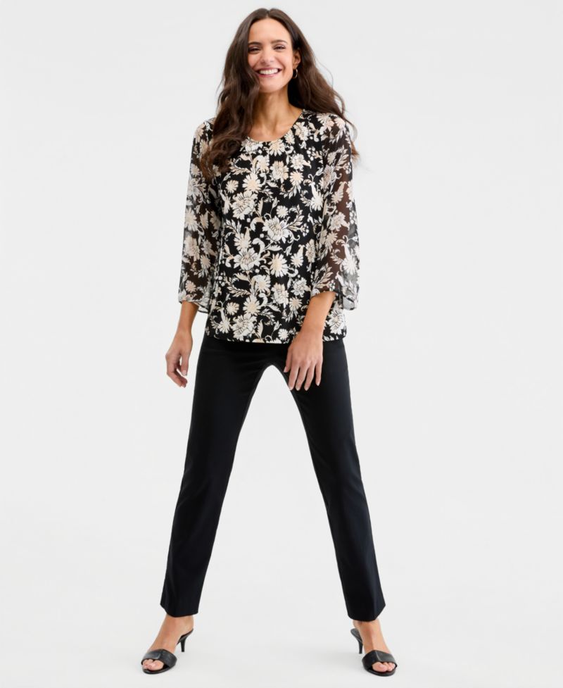 Women's Printed Chiffon-Sleeve Gathered-Neck Top