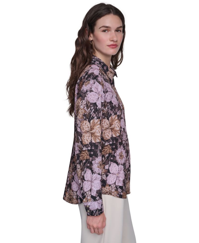 Women's Floral-Print Long-Sleeve Point-Collar Blouse