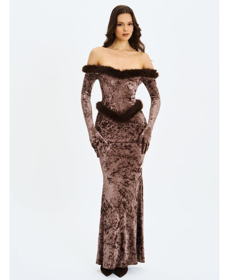 Women's Tessa Coffee Sweetheart Bardot Faux Fur Velvet Mermaid Maxi Dress
