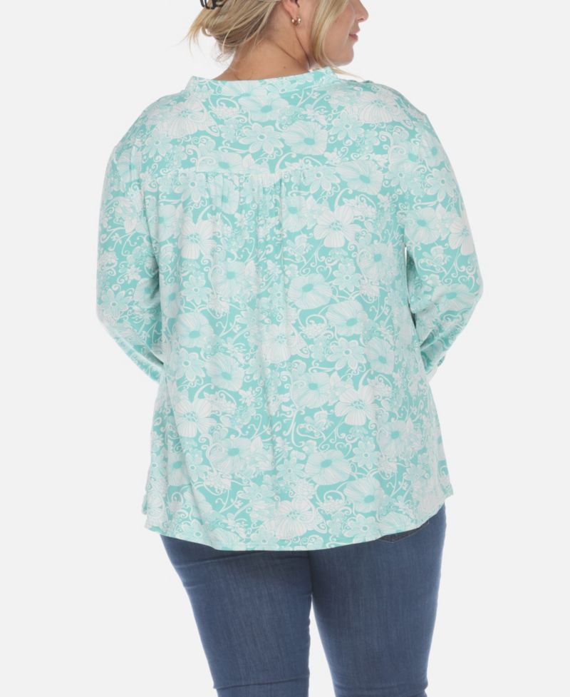 Plus Size Pleated Long Sleeve Floral Print Blouse