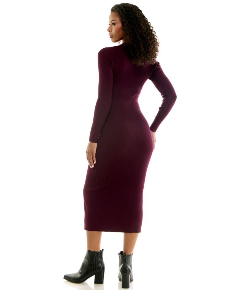 Juniors' Square Neck Long Sleeve Midi Sweater Dress with Asymmetrical Button Detail