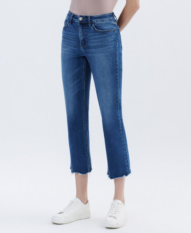 Women's High Rise Uneven Hem Crop Straight Jeans