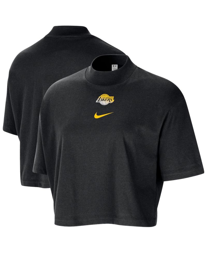 Women's Black Los Angeles Lakers Courtside Mock Neck Loose Fit Cropped T-Shirt