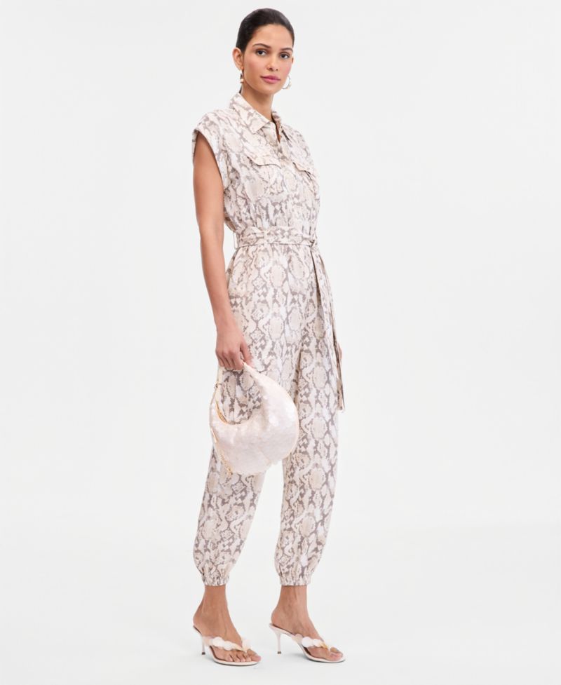 Women's Short-Sleeve Snake Print Belted Jumpsuit
