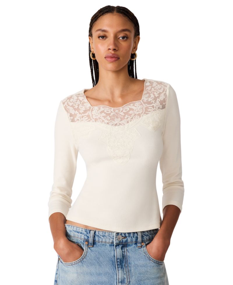 Women's Rib Knit Lace Trim 3/4 Sleeve Square Neck Top